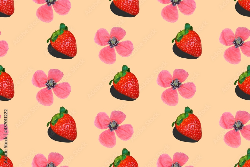 Seamless food pattern from rows of ripe strawberries and poppy flowers on pink background. Healthy plant based diet vegan lifestyle beauty concept. Pop art style Seamless food pattern from rows of ripe strawberries and poppy flowers on pink background. Healthy plant based diet vegan lifestyle beauty concept. Pop art style