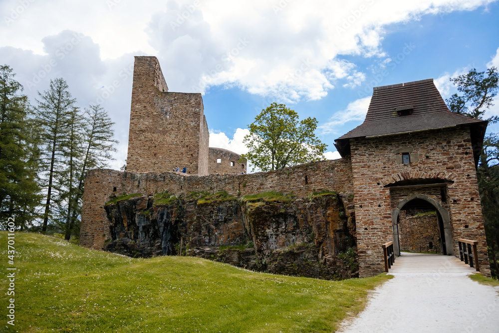 Gothic medieval castle Velhartice in sunny day, tower and entrance gates with arch, moat around stronghold, fortress masonry walls, Velhartice, Sumava, South Bohemia, Czech Republic