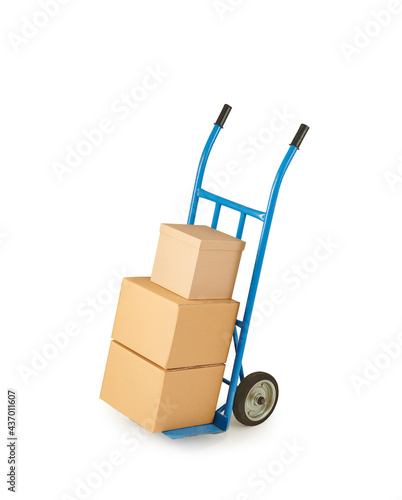 Foto Blue hand truck, trolley cardboard package box isolated on white background