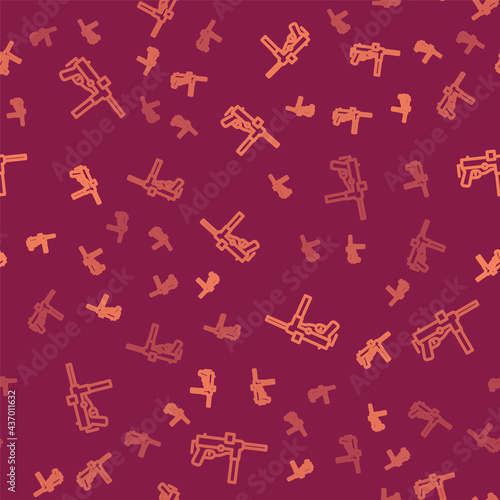 Brown line Submachine gun M3, Grease gun icon isolated seamless pattern on red background. Vector