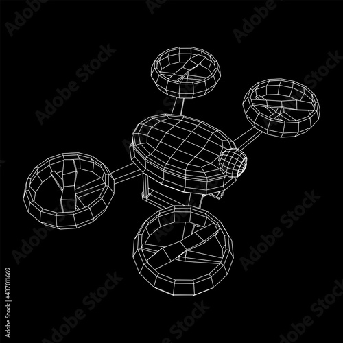Drone flying with action video camera. Wireframe low poly mesh vector illustration