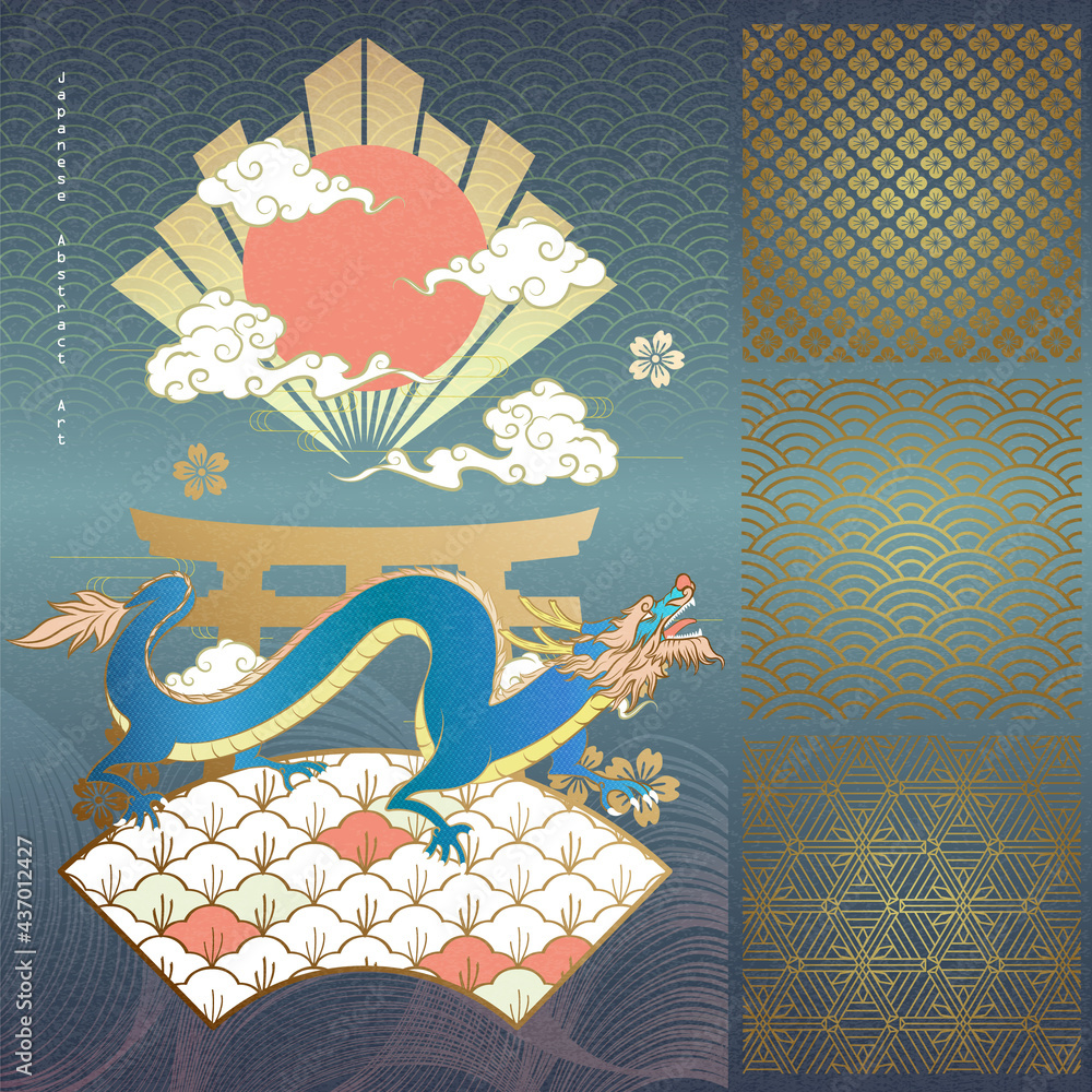 Abstract Art Flying Blue Dragon Bowing with Golden Sakura on The Gradient Stripe Diamond Graphic with Torii Silhouette Above with Moving Clouds on Gradient Dark Blue Water Wave Repeat Pattern