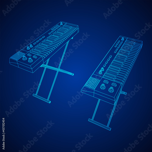 Piano roll analog synthesizer faders buttons knobs. Wireframe low poly mesh vector illustration.