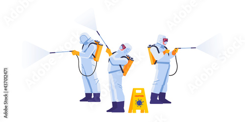 People in virus protective suits and mask disinfecting buildings of coronavirus with the sprayer. Home disinfection by cleaning service. Cartoon flat style illustration isolated on a white background