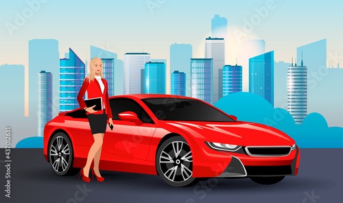 Stylish young business woman in a black skirt and red jacket stands near a red sports car with urban landscape, cityscape, business center in the metropolis in the background. Vector illustration