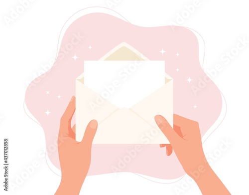 Hands holding envelope. Blank paper with copy space. Vector concept illustration in flat cartoon style.