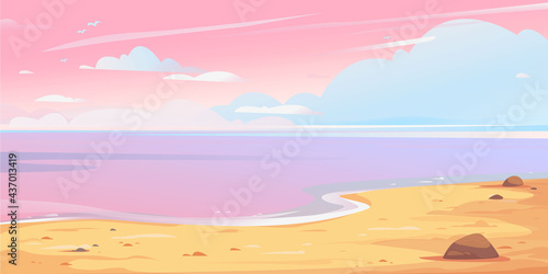 Realistic beautiful landscape depicting a pink sunset sky with clouds, sea and sandy shore. Long banner with nature, vacation and coast of Thailand or Maldives travel