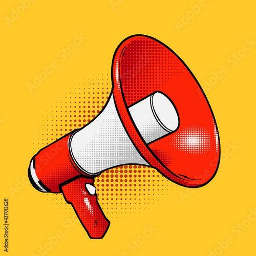 Red megaphone icon in comic cartoon style with halftones. Vector illustration on orange background