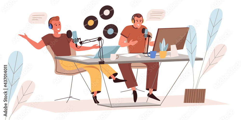 Fototapeta premium Recording audio podcast web concept in flat style. Men in headphones broadcasting and talking in studio with microphones. People character activities scenes. Vector illustration for website template