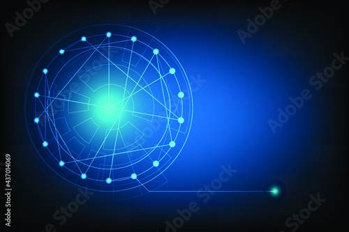 Technology Circle background with line and dot connection on deep blue space. Template of innovative system round with shiny light. Blue science concept with blank space for design.