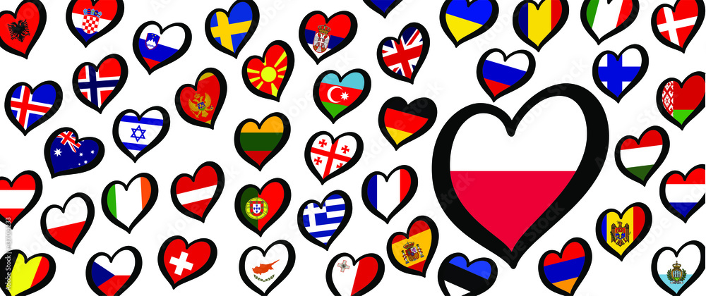 Poland flag and different countries flags with heart flags logo. For Europe, eurovision music song festival, contest. Music songs for vision dreams. Vector euro TV icon pattern. Poland flag and different countries flags with heart flags logo. For Europe, eurovision music song festival, contest. Music songs for vision dreams. Vector euro TV icon pattern.