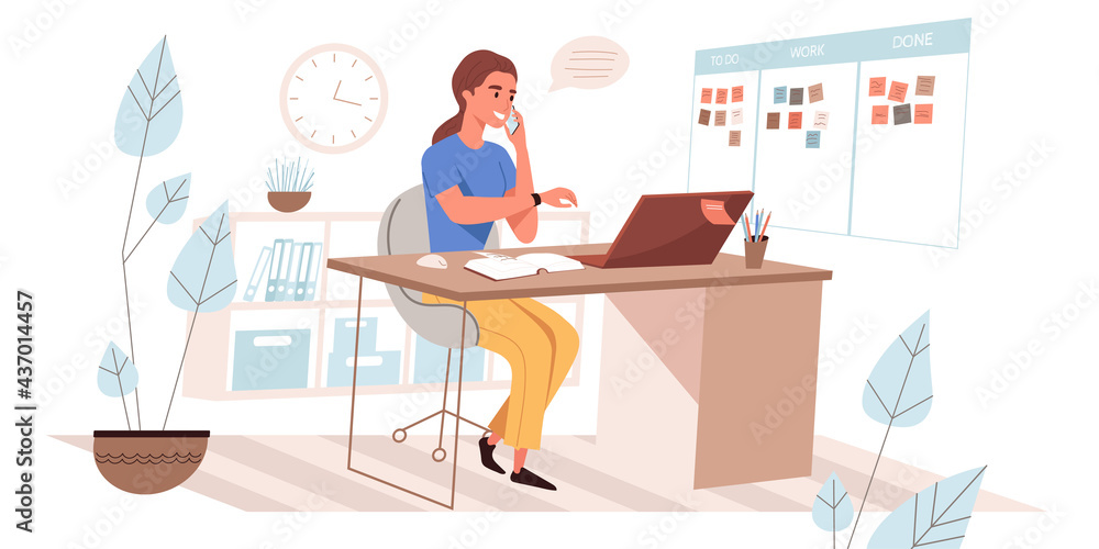 Time management web concept in flat style. Woman planning work processes, optimized workflow, marks completed work tasks. People character activities scene. Vector illustration for website template