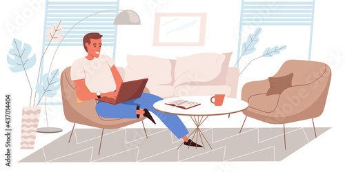 Freelance working web concept in flat style. Man works at laptop sitting on couch in living room. Comfortable workplace. People character activities scene. Vector illustration for website template