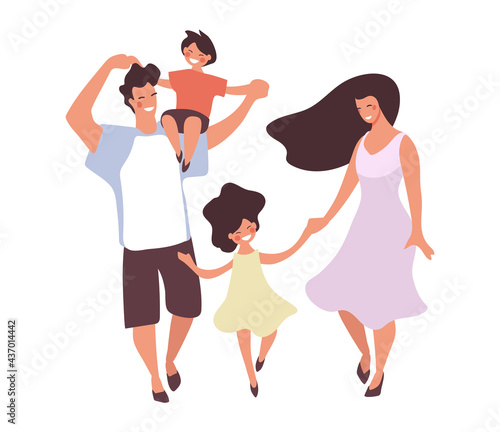 Flat icon of happy family with son and daughter. Dad and mom are walking with children and hugging, vector illustration isolated on white background.
