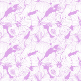 Monochrome seamless pattern with line art blue and yellow hibiscus flowers, buds and leaves, with violet outline. On purple background. Stock vector illustration.