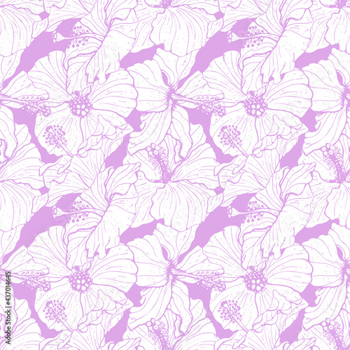 Monochrome seamless pattern with line art blue and yellow hibiscus flowers  buds and leaves  with violet outline. On purple background. Stock vector illustration.