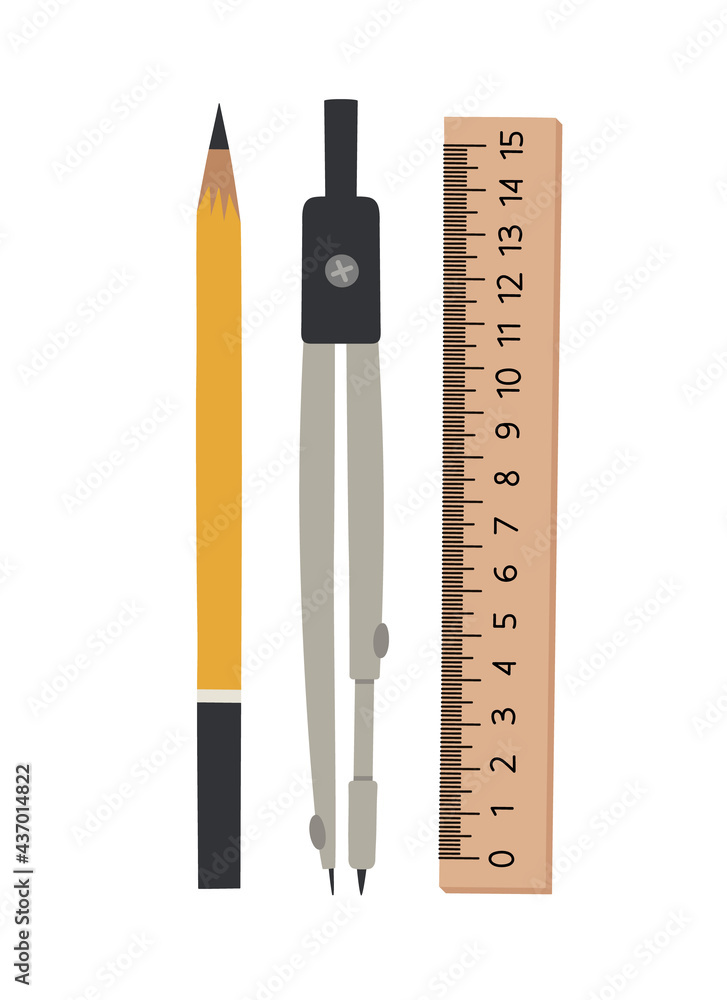 Vector illustration of the compass, ruler, and pencil. Hand-drawn stationery set in flat style. The concept of objects for learning, office supplies, drawing. School, geometry tools. Vector illustration of the compass, ruler, and pencil. Hand-drawn stationery set in flat style. The concept of objects for learning, office supplies, drawing. School, geometry tools.
