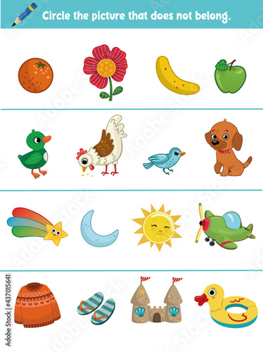 Educational task for children. Circle the picture that does not belong. Vector illustration.
