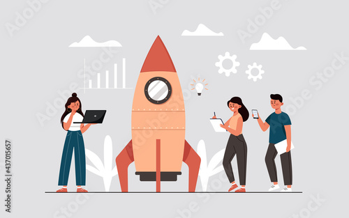 The process of starting a business project, idea through planning and strategy, time management, implementation. People with messengers launch a startup in the form of a rocket
