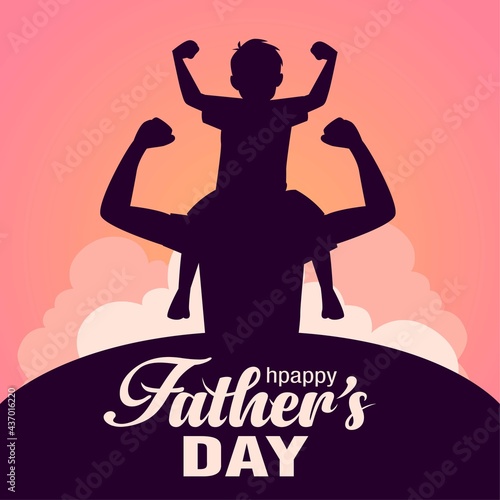 son on his father shoulders on blue background, happy international father's day concept, can be use for card, poster, website, brochure. vector illustration design