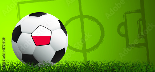 Football with the flag of Poland on green soccer grass field. Vector background banner. Sport finale or school  sports game cup. Summer  spring time  Street ball games.