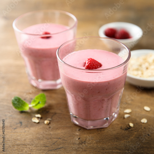 Traditional homemade raspberry smoothie or milk shake