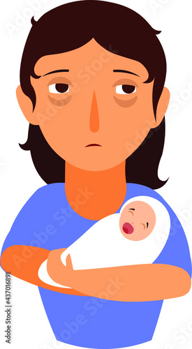 Young tired mother with a crying baby in her arms. The difficulties of motherhood. Mother and child concept. 
