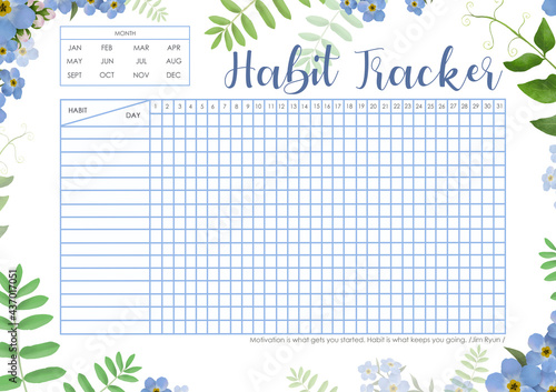 Fotografie Habit Tracker with tiny blue flowers of forget-me-not and adorable green leaves