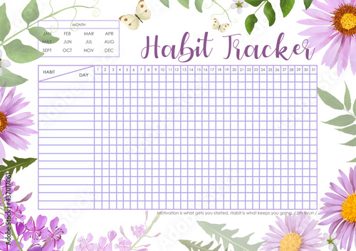 Habit Tracker with cute flowers of echinacea and adorable butterflies. Monthly planner habit tracker blank template. Monthly planer.