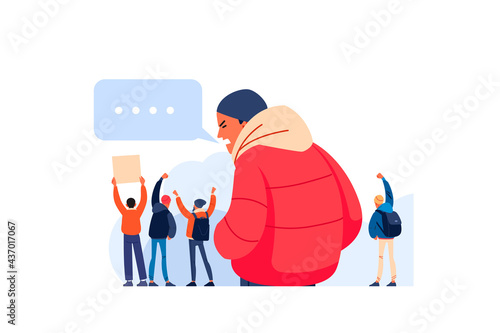 Disaffected man protesting asking for freedom annoyed and frustrated shouting with anger supporting the protests against a backdrop of protesters, activists with placards. Flat vector illustration