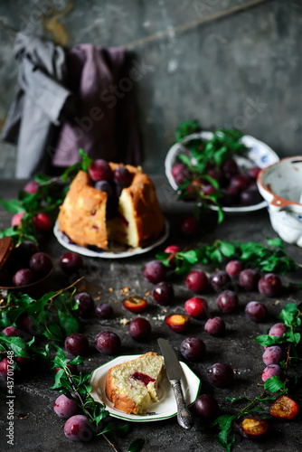 plum sour cream cake. style rustic