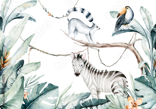 Fototapeta samoprzylepna Akwarela, ilustracja dżungli przedstawiająca lemura i tukana. Plakat w stylu tropikalnym