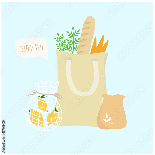 Hand drawn eco bags with products of zero waste life. No to plastic bags. Caring for the environment. Food and lifestyle concept flat design. Creative food designs for fabric, wrapping, wallpaper