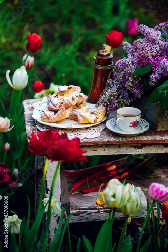 puffs with cottage cheese and rhubarb .outdoor photo