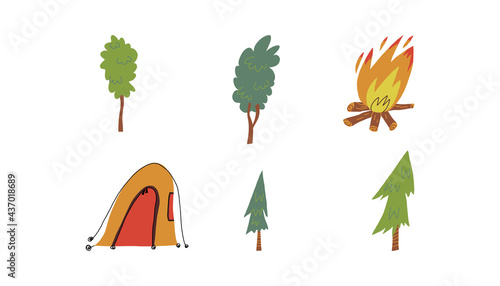 Cute camping set. Various deciduous and coniferous trees shelter tent, bonfire. Hand-drawn vector isolated illustration.