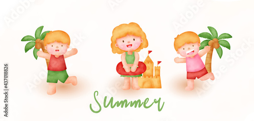  Summer banner with a kid in watercolor