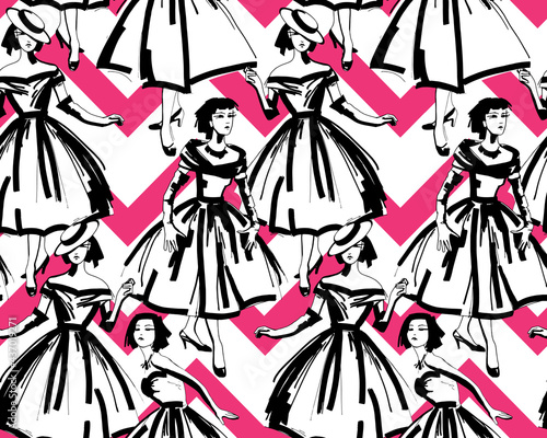 Seamless pattern. Fashion brush graphic. Cute girls in retro dresses of the 50s on a pink geometry. Textile composition, hand drawn style print. Vector illustration.