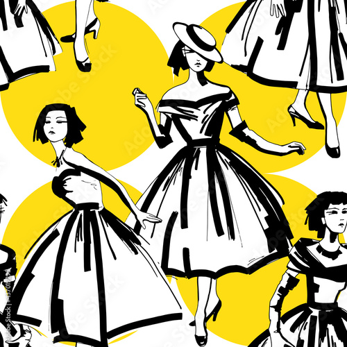 Seamless pattern. Fashion graphics brush. Cute girls in retro dresses of the 50s on a yellow polka dot. Textile composition, hand drawn style print. Vector illustration.