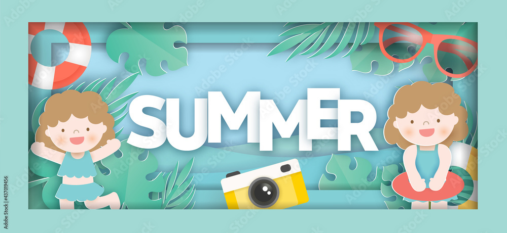 Tropical Summer sale banner with summer elements n paper cut style