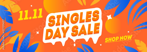 Singles day sale banner template. 11.11 Global shopping day. Holiday event horizontal orange banner. Happy shopping discount flyer