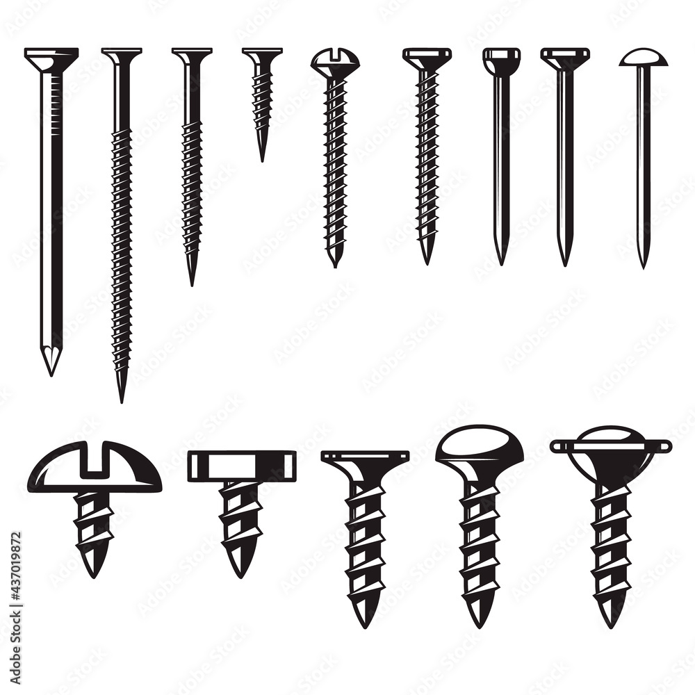 Set of illustrations of screws and nails. Design element for logo, label, sign, emblem, banner. Vector illustration - obrazy, fototapety, plakaty 
