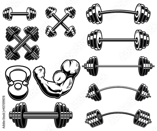 Set of illustrations of weightlifting barbells and dumbells . Design element for logo, label, sign, emblem, banner. Vector illustration photo