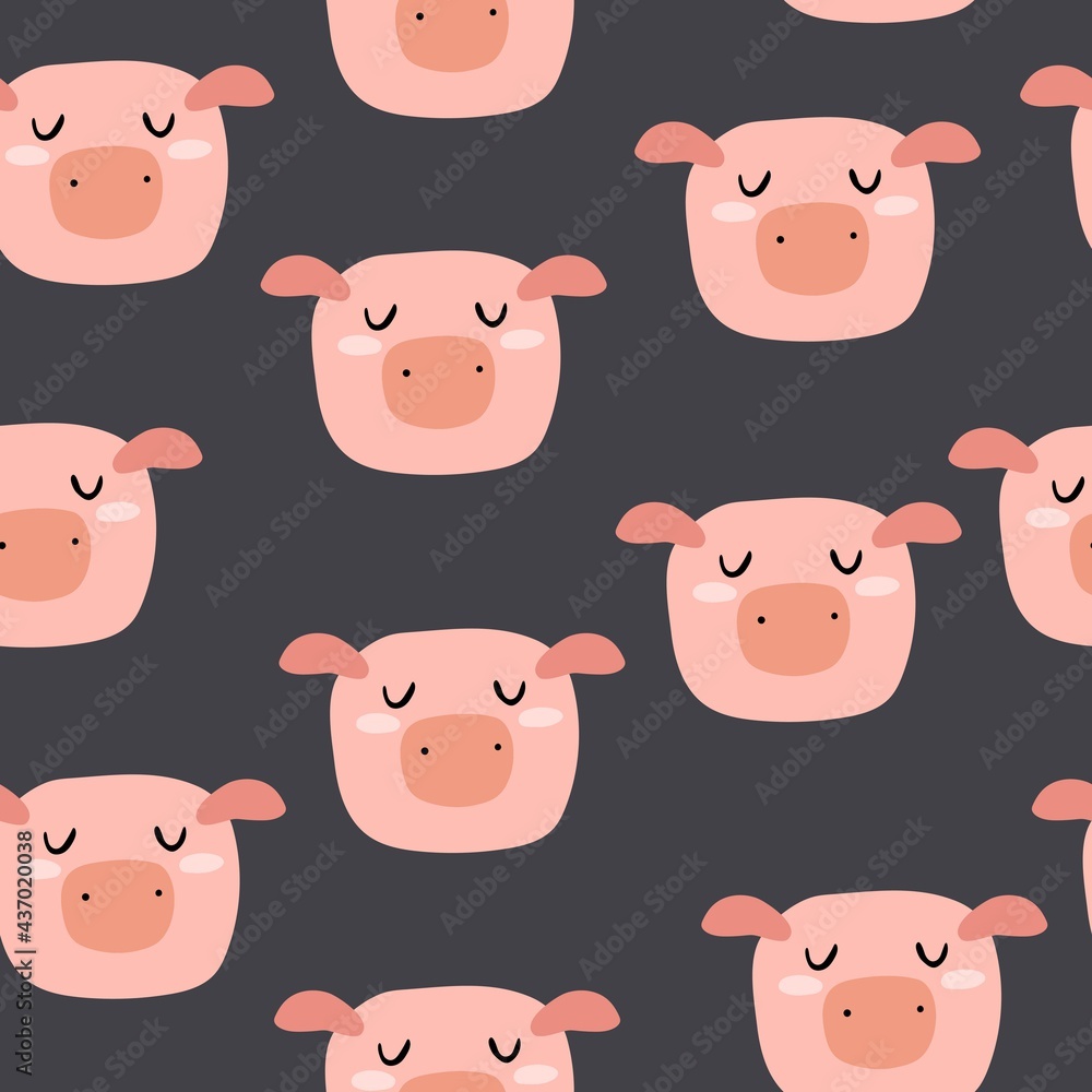 Seamless pattern with cartoon pigs. Flat colorful vector for kids. hand drawing. animals. baby design for fabric, textile, wrapper, print.