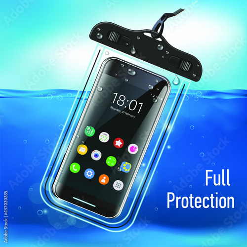 Realistic close-up. Vector graphics. Waterproof case for smartphone for underwater shooting.