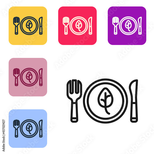 Black line Vegan food diet icon isolated Black line background. Organic, bio, eco symbol. Vegan, no meat, lactose free, healthy, fresh and nonviolent food. Set icons in color square buttons. Vector