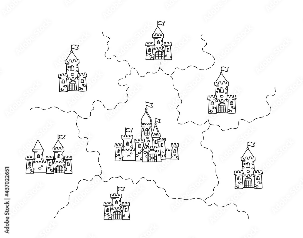 Seven Kingdoms on the map. Castles and state borders. Hand drawn sketch vector line. Open paths. Editable stroke.