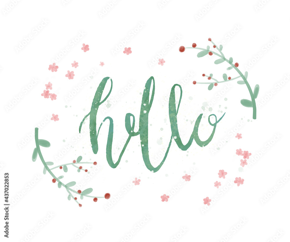 Hello Lettering Green Text with Floral Elements