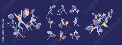 Collection of people carrying shopping bags with purchases. Madness on sale  line of crazy Men and women taking part in seasonal sale at store  shop  mall. Cartoon characters
