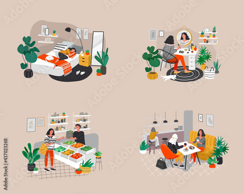 Beautiful girl in daily life scenes. Young woman in action. Flat cartoon vector illustration