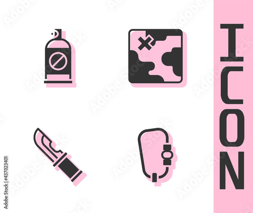 Set Carabiner, Spray against insects, Hunter knife and Africa safari map icon. Vector